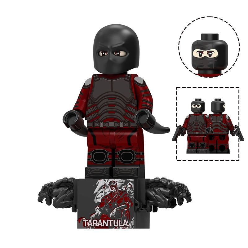 A building block minifigure of Tarantula from Marvel, featuring a black mask, red and black armored suit, and holding black weapons, displayed on a black stand with two wolf heads. Includes inset images of the head and a pair of hands, with text 'TV1304 Tarantula' on a white background.