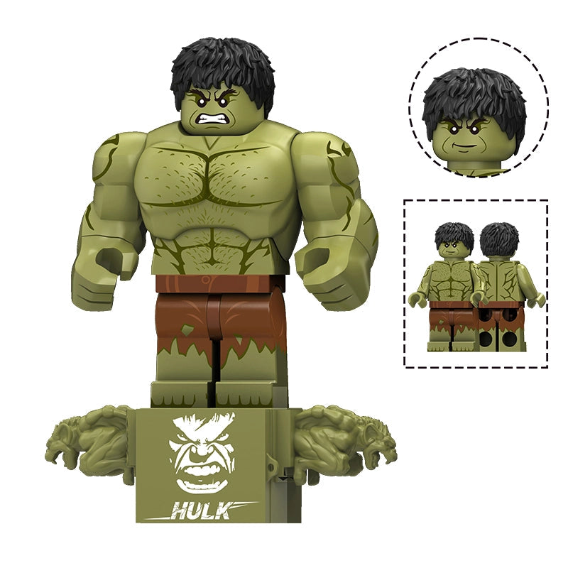 A Hulk toy minifigure and display base shown on a white background, with inset views of the hairless head and back view. The figure is olive green with black hair and brown shorts, mounted on a matching green base printed with HULK.