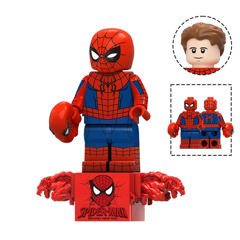 Spider-Man building block minifigure with red and blue suit, shown with an extra set of red arms and a branded base. Includes inset views of the head and alternate torso design on a white background.