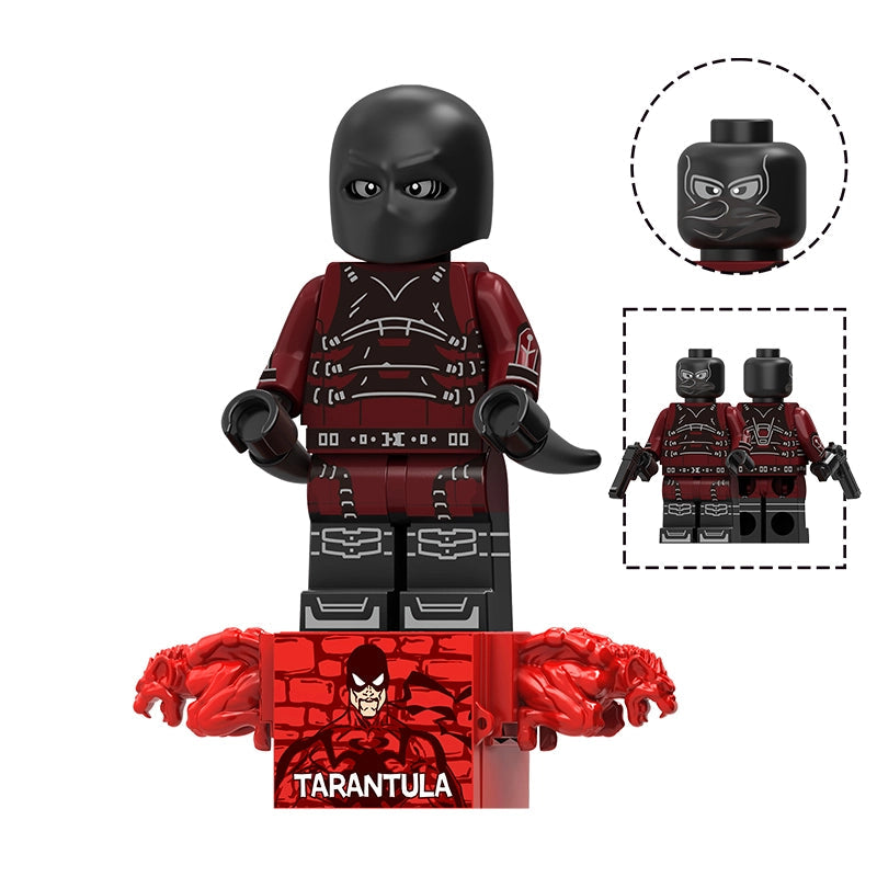 A building block minifigure of Tarantula, featuring a black mask, red and black striped shirt, black pants, and a red multi-arm accessory. The image includes a main figure, a circular inset showing the head detail, a pair inset showing two figures, and text reading 'TV1309 Tarantula'.