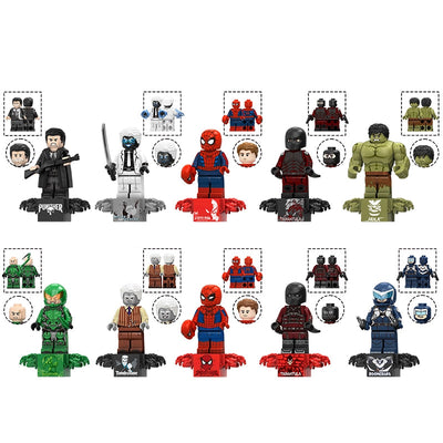 A product catalog grid showing multiple Marvel-themed building block minifigures and accessories on a plain white background, with model numbers and names labeled beneath each figure.