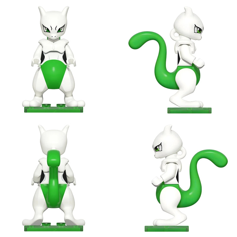 A 3D-rendered white and green mewtwo character figure shown from four angles on a plain white background, likely a toy or collectible model.