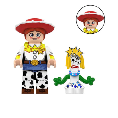 A toy building-block style minifigure labeled 'Jessie' shown on a white background, with 'Pre-Sale' text at top left, a small circular inset of the head, model number 'WM2401', and the name 'Jessie' at bottom. The figure wears a red cowboy hat, white shirt, yellow star detail, blue belt area, black-and-white cow-print pants, and green arms.