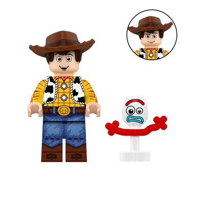 Toy minifigure of Woody the Cowboy from Toy Story, shown with a red arm extension accessory on a white background. Includes a circular inset of the head, 'Pre-Sale' text, and model number WM2402.