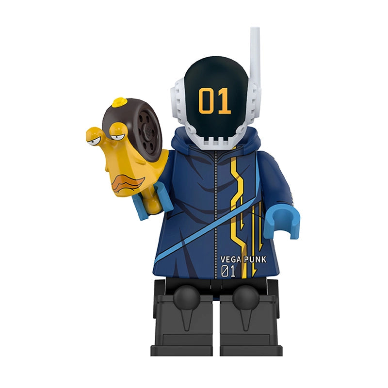 A custom toy minifigure of Shaka from Vega Punk 01, featuring a blue and yellow jacket, black helmet with white visor, and holding a yellow alien head, set against a plain white background with 'Pre-Sale' text overlay.