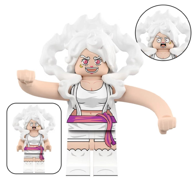 A female toy building block minifigure with messy white hair, a white crop top, and a purple sash, shown on a white background with inset detail views and text reading 'Pre-Sale', 'WM3114', and 'Jewelry Bonny'.