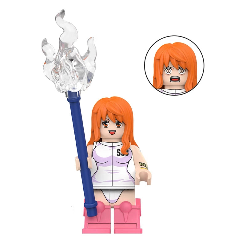 A toy building-block style minifigure named Nami with orange hair, a white top, pink skirt, and a blue staff topped with a clear flame-shaped ornament. The image includes a red 'Pre-Sale' label, the text 'WM3115 Nami', and a circular inset showing the face detail.