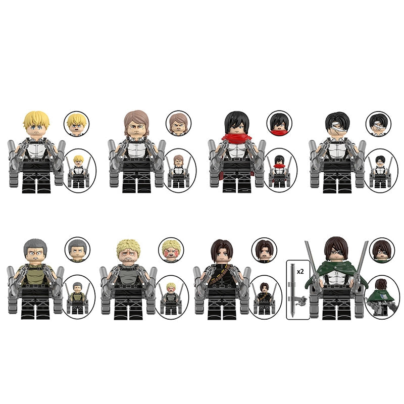 Set of lego figures with character names on a white background
