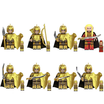 Collection of Elven warrior minifigures with various poses and armors on a white background.