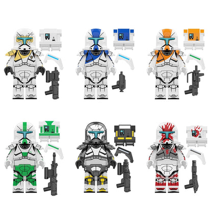Set of toy minifigures with various clone commando designs and from gregor to sev on a white background