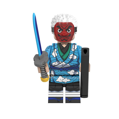 Toy figure of Urokodaki Sakonji with a blue sword and white hair on a white background